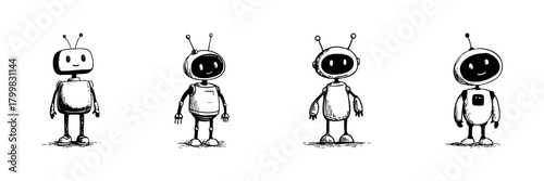 Cute Robot Characters Doodle Sketch Set. Friendly Ai And Robotics In Hand Drawn Style Collection. Playful And Futuristic Design. Isolated Vector Illustration