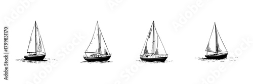 Sailboat Doodle Sketch Set. Nautical Adventure And Maritime Exploration In Hand Drawn Style Collection. Vintage Sailing And Ocean Travel. Isolated Vector Illustration