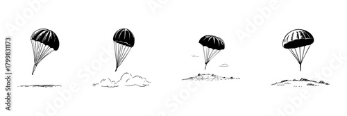 Parachute Landing Sequence Doodle Sketch Set. Airborne Descent And Safe Landing Process In Hand Drawn Style Collection. Parachuting And Skydiving Illustration. Isolated Vector Illustration