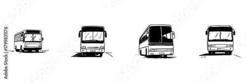 Bus Front View Doodle Sketch Set. Public Transportation, Travel, And Commuting In Hand Drawn Style Collection. Urban Mobility And Transit. Hand Drawn Isolated Vector Illustration