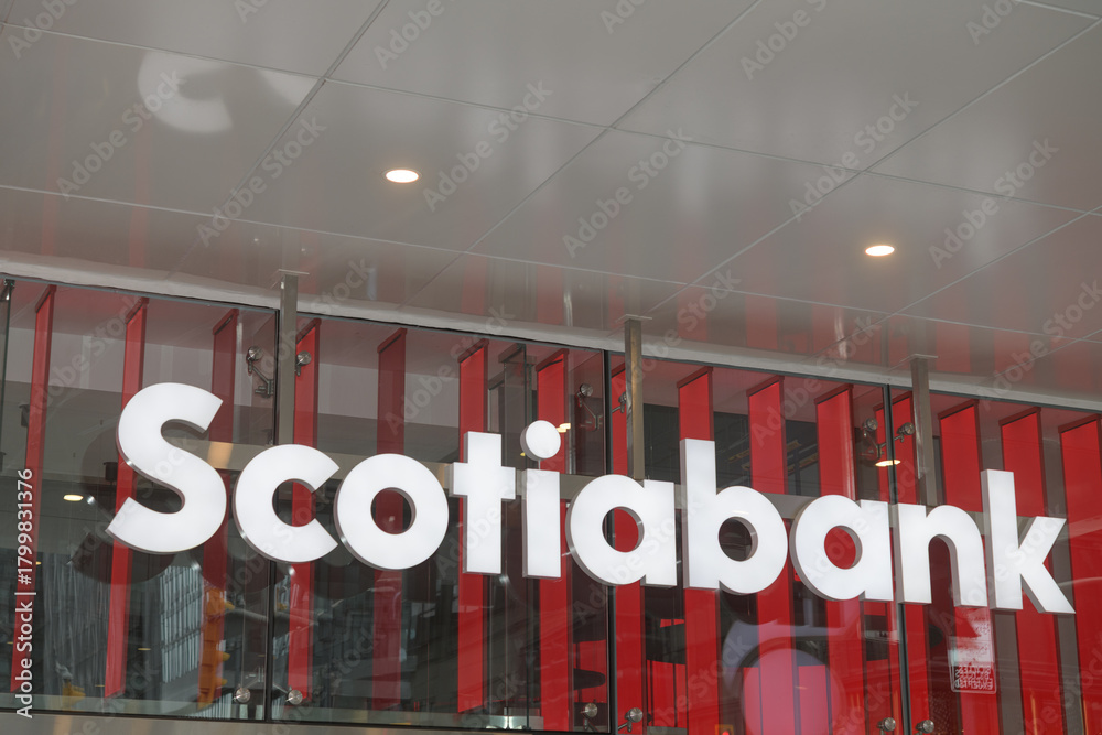 Fototapeta premium close-up of Scotiabank branch sign at 1 Bloor St E, Floor 1 of One Bloor, Toronto