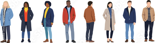 Group of people in winter clothing, coats, jackets, seasonal fashion, autumn style, cold weather attire, diverse outfits, trendy lifestyle illustration