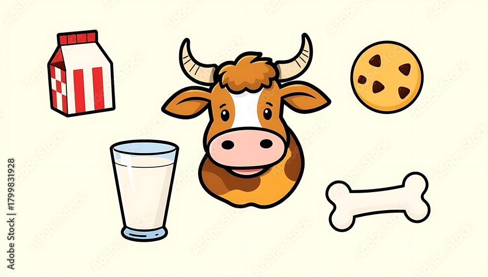 Naklejka premium Cartoon illustration of a cow with milk, cookie, and bone isolated on white background milk