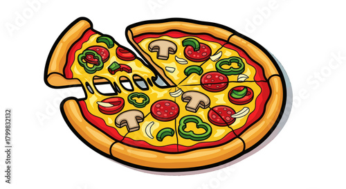 Delicious Pizza with Toppings and a Slice Removed.