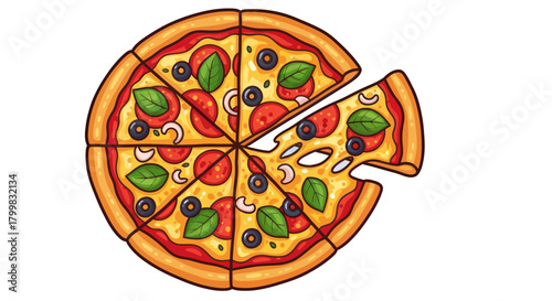 Delicious Pepperoni Pizza Slices with Fresh Basil and Olives.