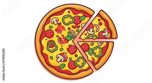 Delicious pizza with various toppings and missing slices ready to eat.