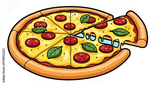 Delicious pizza with pepperoni and basil leaves ready to eat.