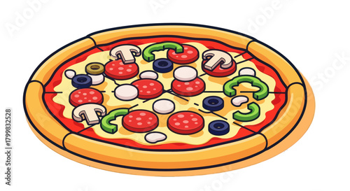 Delicious pizza with pepperoni mushrooms olives and peppers on a white background.