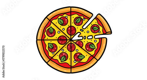 Delicious pepperoni pizza with a missing slice, hand-drawn illustration.