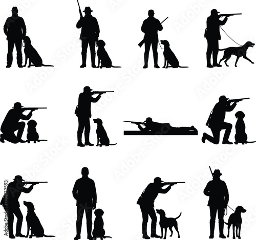 Hunter and dog silhouettes, hunting poses, rifle aiming, teamwork, outdoor activity, black shadow, field sport, canine companion, wilderness, coordination