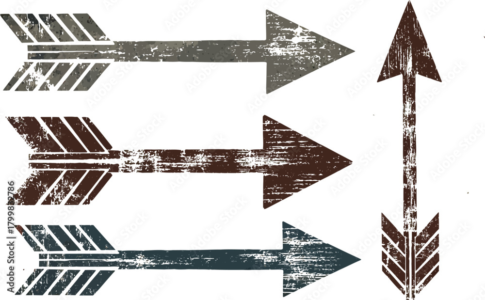 Obraz premium Three horizontal distressed arrows pointing right and one vertical arrow pointing down with rustic texture