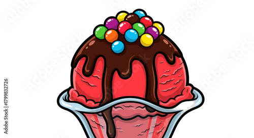 Delicious Red Ice Cream Sundae with Chocolate Sauce and Colorful Candies.