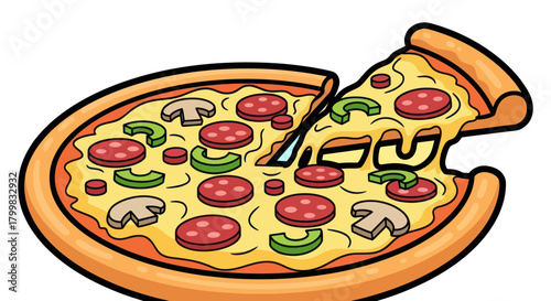 Delicious Pepperoni Mushroom and Green Pepper Pizza Slice Being Pulled.