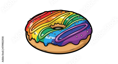 Delicious rainbow glazed donut with colorful icing and sprinkles on top.