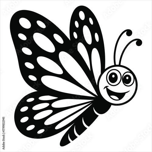 Cheerful cartoon butterfly with happy face and decorative wings isolated on white background, Vector
