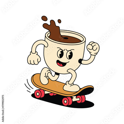 Coffee mug riding a skateboard