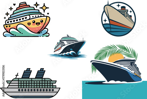 Set of cruise ship flat vector icon illustration for sticker, logo, book, t-shirt and more designs
