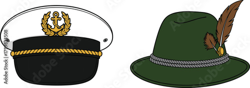 Naval captain hat, maritime emblem, anchor symbol, laurel wreath, alpine Tyrolean hat, Bavarian style, traditional feather, cultural headwear, fashion accessory, nautical design,