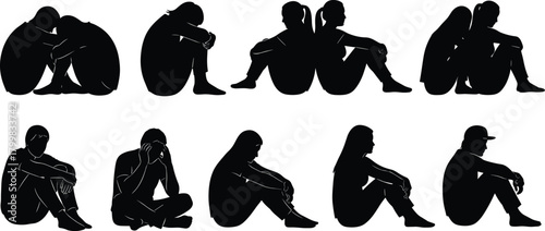 Sad silhouette people sitting alone, depression posture, emotional stress, solitude concept, introspection, anxiety, loneliness, despair, mental health illustration