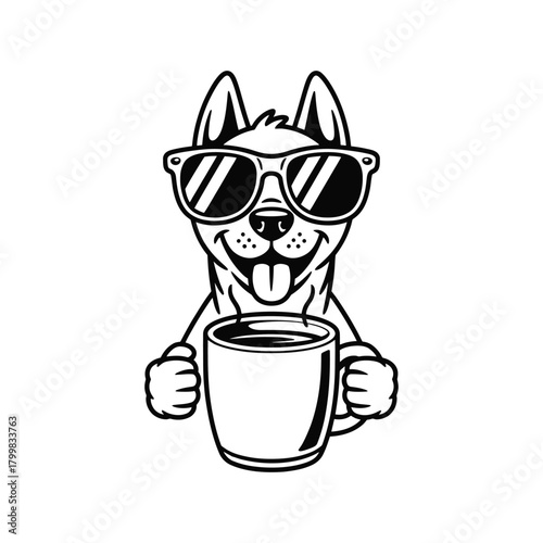 Dog with sunglasses & big coffee mug