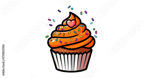 Delicious orange cupcake with heart and sprinkles, a sweet treat.