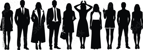 Silhouette people, diverse group, standing together, business attire, casual fashion, men women, teamwork concept, vector illustration, black white design, minimal style