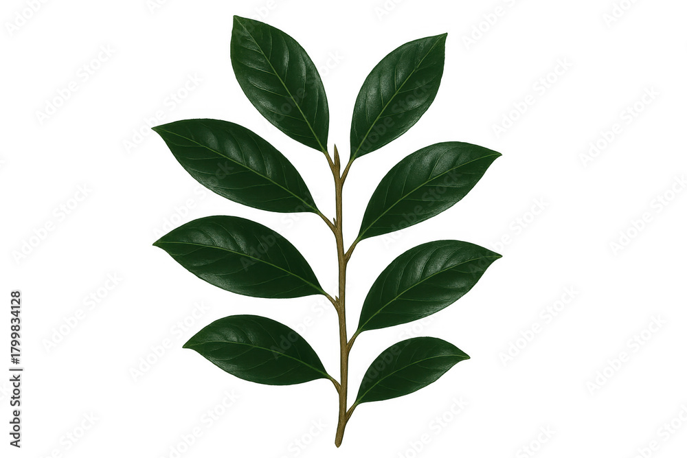 Obraz premium Green leaf branch isolated on transparent background, fresh botanical plant element for natural design or eco theme