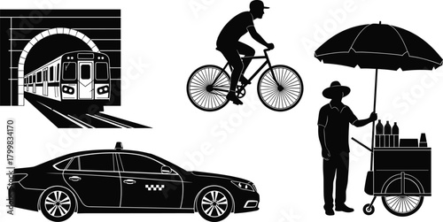 Urban transportation silhouettes, subway train tunnel, bicycle eco travel, taxi cab service, street vendor commerce, city lifestyle illustration, public transit concept