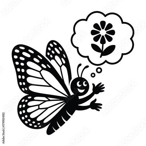 A happy butterfly thinks of a flower