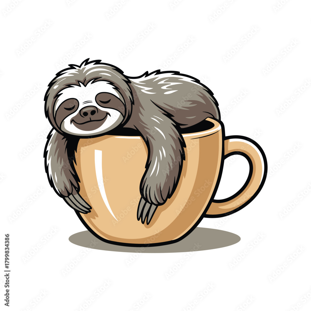 Naklejka premium Sloth laying on coffee cup