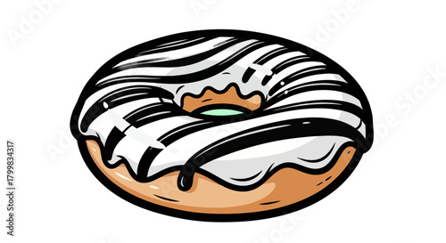Delicious Striped Glazed Donut with White and Black Icing.