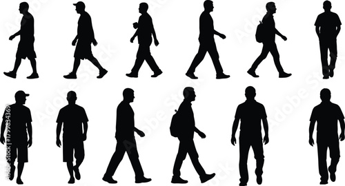 Walking silhouette sequence, human motion, gait study, posture variation, biomechanics illustration, animation frames, dynamic movement, black outline, sequential walking, body