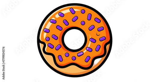Delicious orange glazed donut with purple sprinkles and a perfect hole.