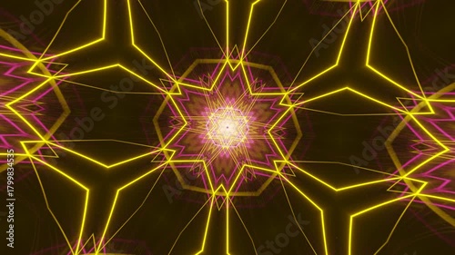 Acid neon abstract kaleidoscope mandala background featuring hexagonal luminous patterns, radiant fractal symmetry evolving through infinite futuristic motion