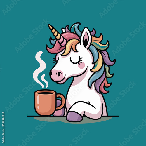 Unicorn drinking coffee with messy hair