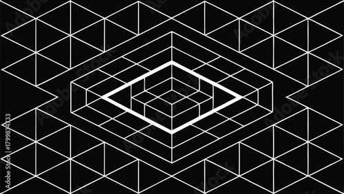White Geometric Wireframe Cube Structure on Black Background vector illustration