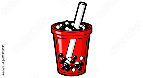 Delicious red cup of bubble tea with straw and tapioca pearls.