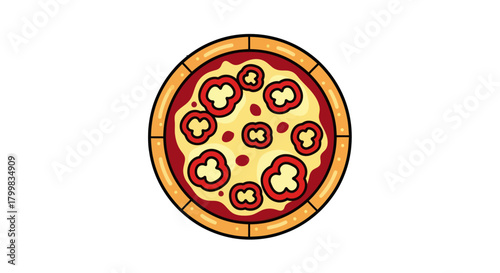 Delicious pizza with red pepper toppings on a wooden crust ready to eat.