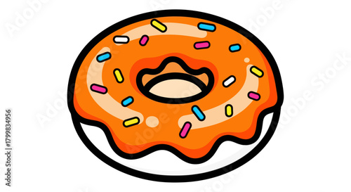 Delicious Orange Frosted Donut with Colorful Sprinkles Cartoon Illustration.