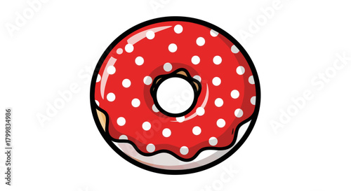 Delicious red donut with white polka dots and a sweet glaze.