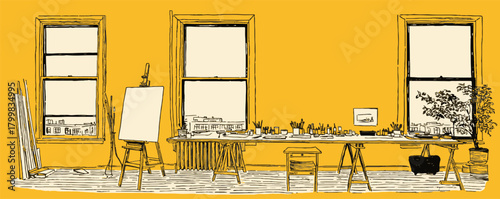 A drawing of a room with a desk and a chair. The room is yellow and has a window
