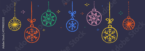 Christmas multicolor outline balls hanging ornaments in line style. Merry Horizontal banner of x-mas tree toys with snowflake. Chalk or pencil drawing of a set of stars elements.