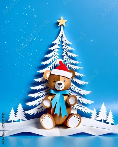 A charming handmade teddy bear sits beneath a whimsical paper Christmas tree, celebrating the holiday spirit with a touch of elegance.