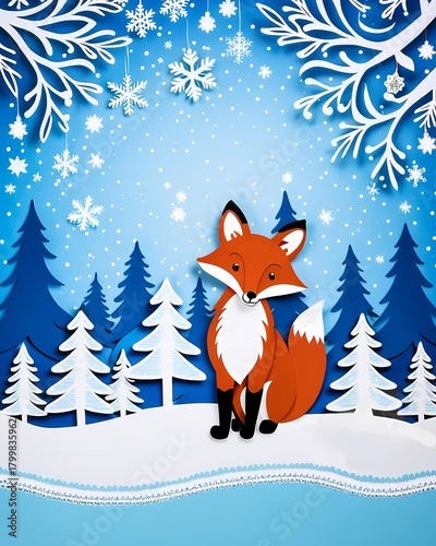 A paper-cut fox stands proudly in a wintry forest scene, surrounded by detailed paper snowflakes and fir trees. An enchanting winter scene.