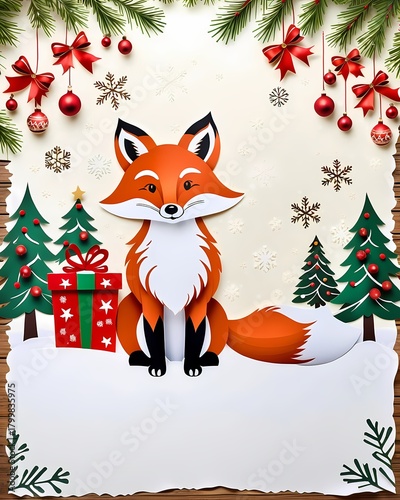 A whimsical holiday scene unfolds, with a charming fox, surrounded by festive decorations, including gift box, snowflakes, and ornaments, creating a joyful, handcrafted illustration.