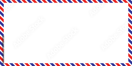 Air mail letter. Post stamp. Airmail frame postcard. Blue red stripes pattern. Mockup template envelope. Vector illustration
