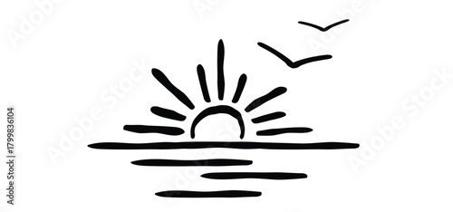 Cartoon drawing half sun or sunlight and bird. Shining rays of light. Sunrise suns. Weather tools. Power, Sun rise line pattern. Sunshine sunset. water, sea surface. Downwards or upwards wave.