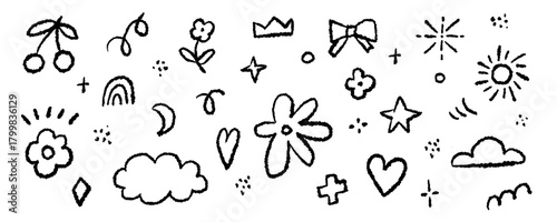 Black set children cartoon doodle style. Collection outline scribble, cloud, sun and flowers. Graphic elements