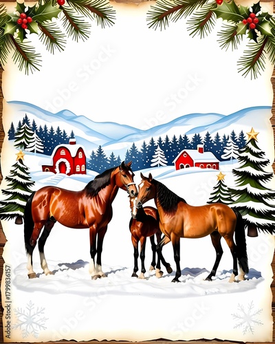 A heartwarming winter scene of horses gathered amidst snow-covered landscape. Majestic horses, exuding warmth and connection, are set against a backdrop of snow-laden evergreens, charming houses.
