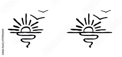 Cartoon drawing half sun or sunlight and bird. Shining rays of light. Sunrise suns. Weather tools. Power, Sun rise line pattern. Sunshine sunset. water, sea surface. Downwards or upwards wave.